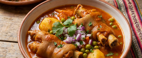 Bowl of Patita con Maní stew with potatoes and peas, served with rice.