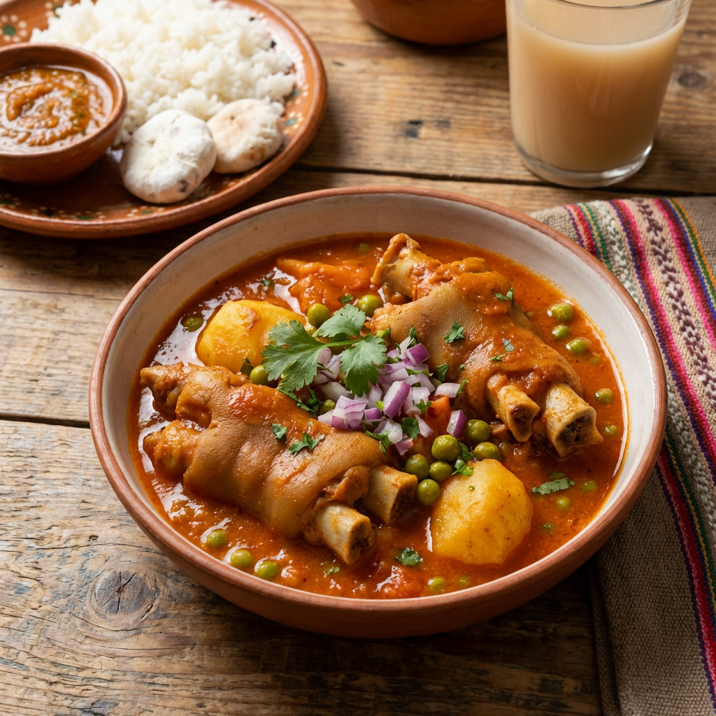 Imagen actual: Bowl of Patita con Maní stew with potatoes and peas, served with rice.