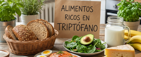 Healthy foods around a sign reading "ALIMENTOS RICOS EN TRIPTÓFANO".