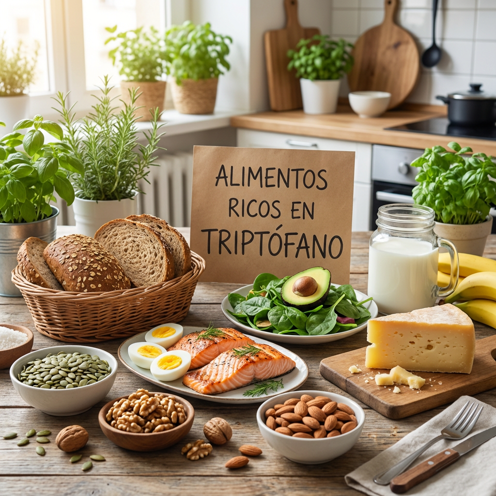 Imagen actual: Healthy foods around a sign reading "ALIMENTOS RICOS EN TRIPTÓFANO".