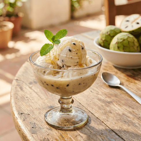 Creamy cherimoya ice cream with honey and mint in a glass bowl on wood.