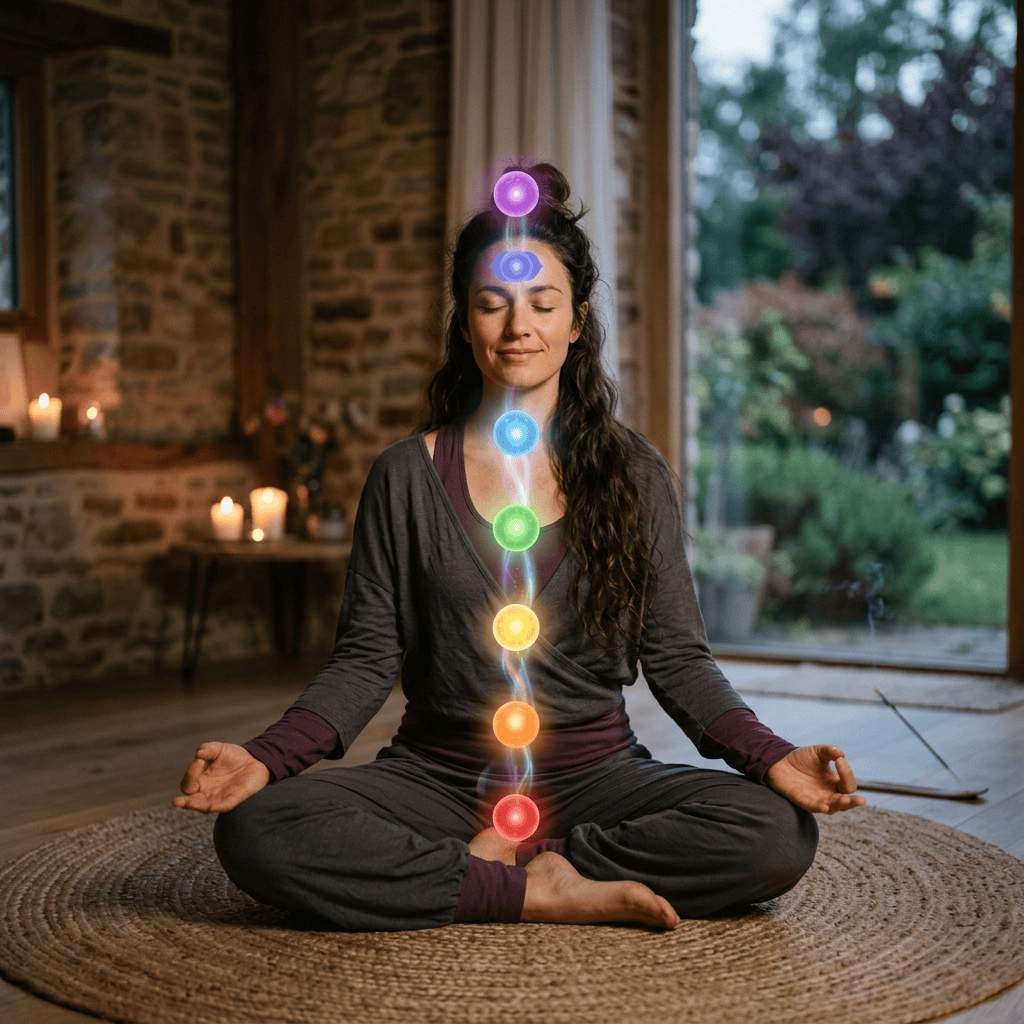 Imagen actual: Woman sitting cross-legged in meditation with glowing chakra symbols aligned along her body