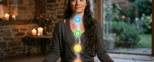 Woman sitting cross-legged in meditation with glowing chakra symbols aligned along her body