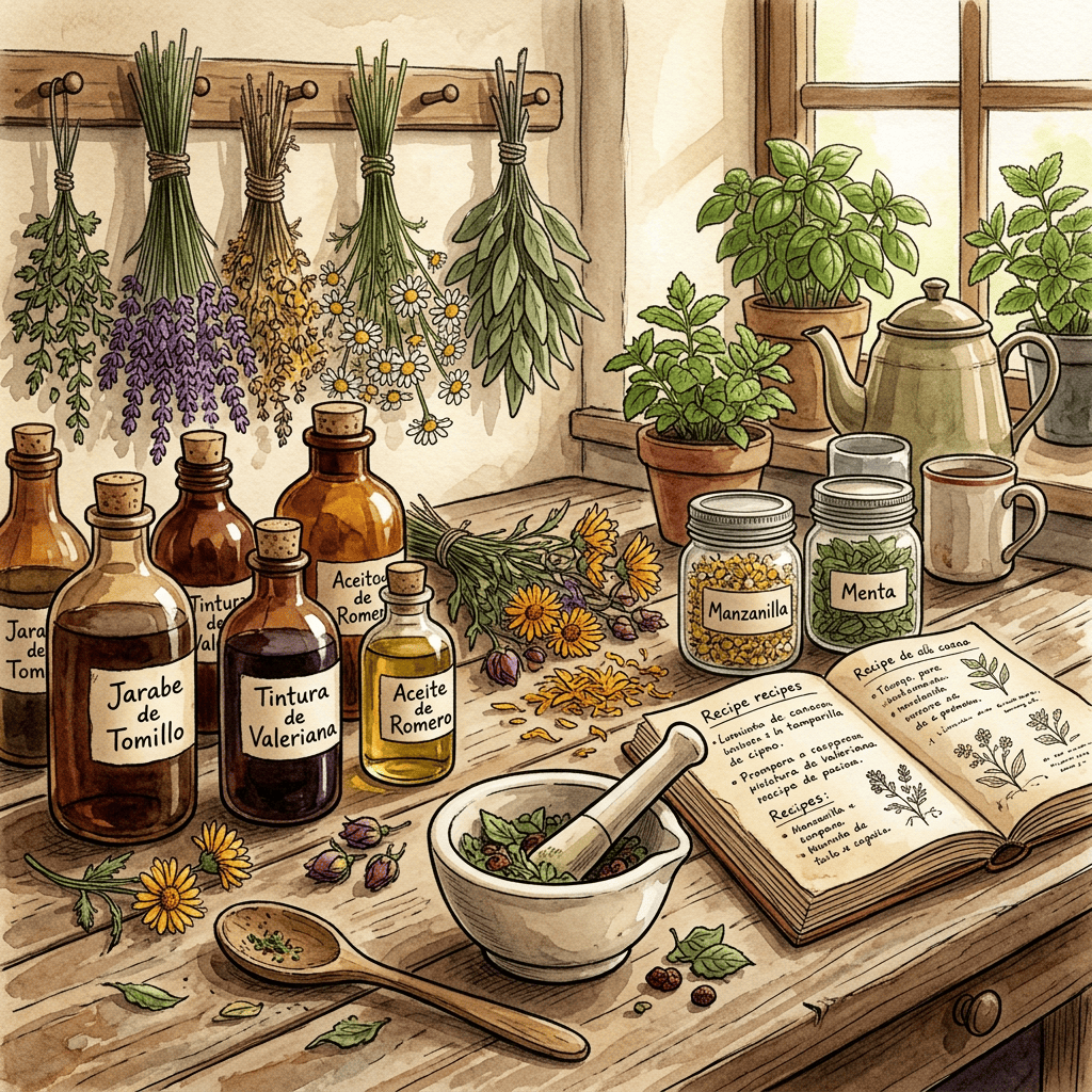 Imagen actual: Table with herbal bottles labeled in Spanish, dried herbs hanging, potted plants, mortar and pestle, and an open book with herbal recipes
