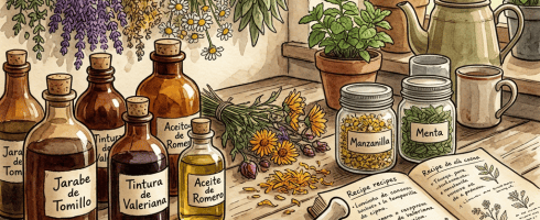 Table with herbal bottles labeled in Spanish, dried herbs hanging, potted plants, mortar and pestle, and an open book with herbal recipes