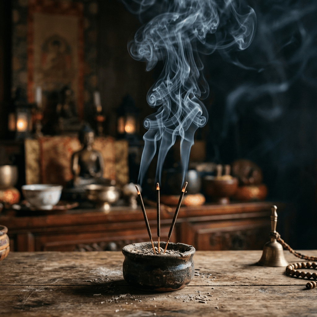 Imagen actual: Three burning incense sticks emitting swirling smoke on a wooden altar with Buddha statue and spiritual objects