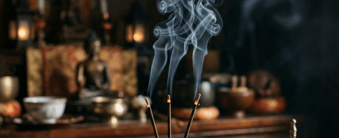 Three burning incense sticks emitting swirling smoke on a wooden altar with Buddha statue and spiritual objects