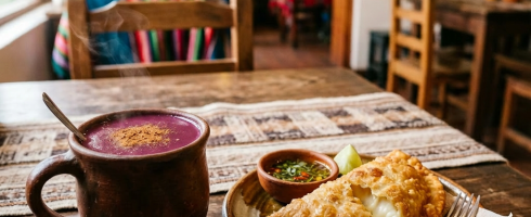 Plate with a crispy empanada and small bowl of sauce beside a steaming cup of hot chocolate