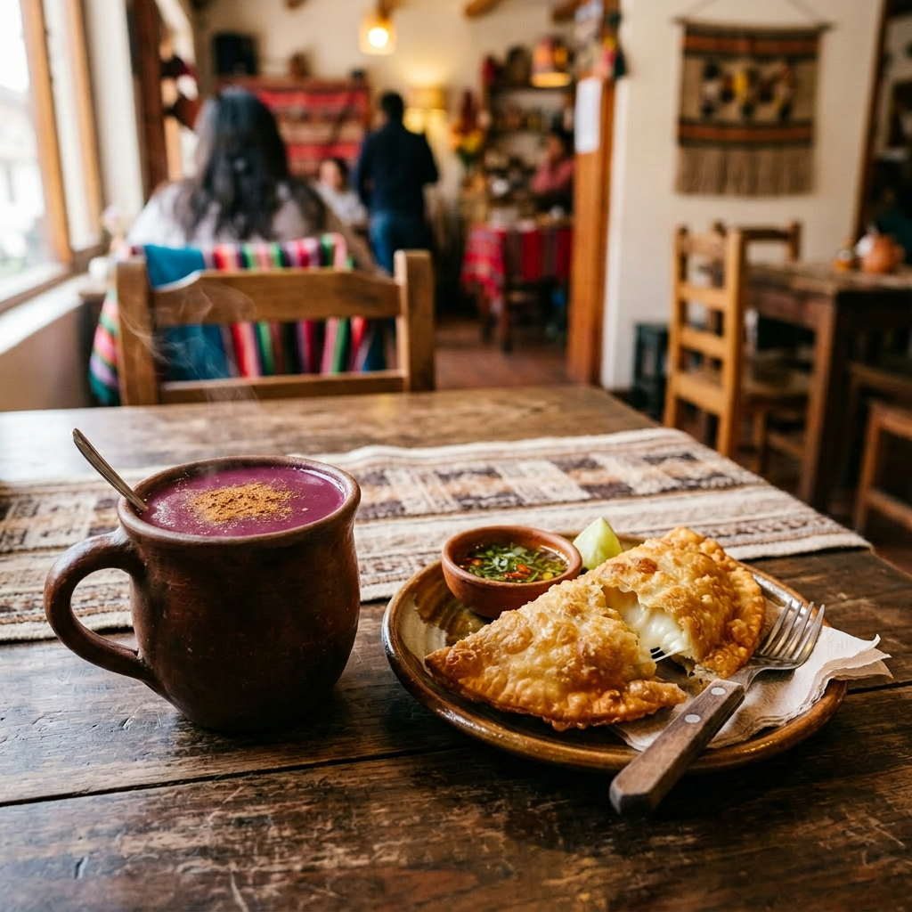 Imagen actual: Plate with a crispy empanada and small bowl of sauce beside a steaming cup of hot chocolate