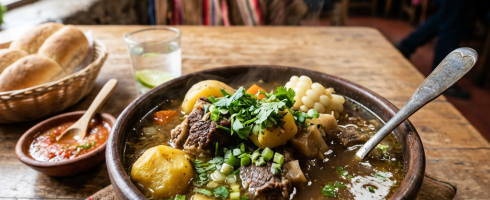 Bowl of Andean beef stew with potatoes, corn, and herbs on rustic wooden table