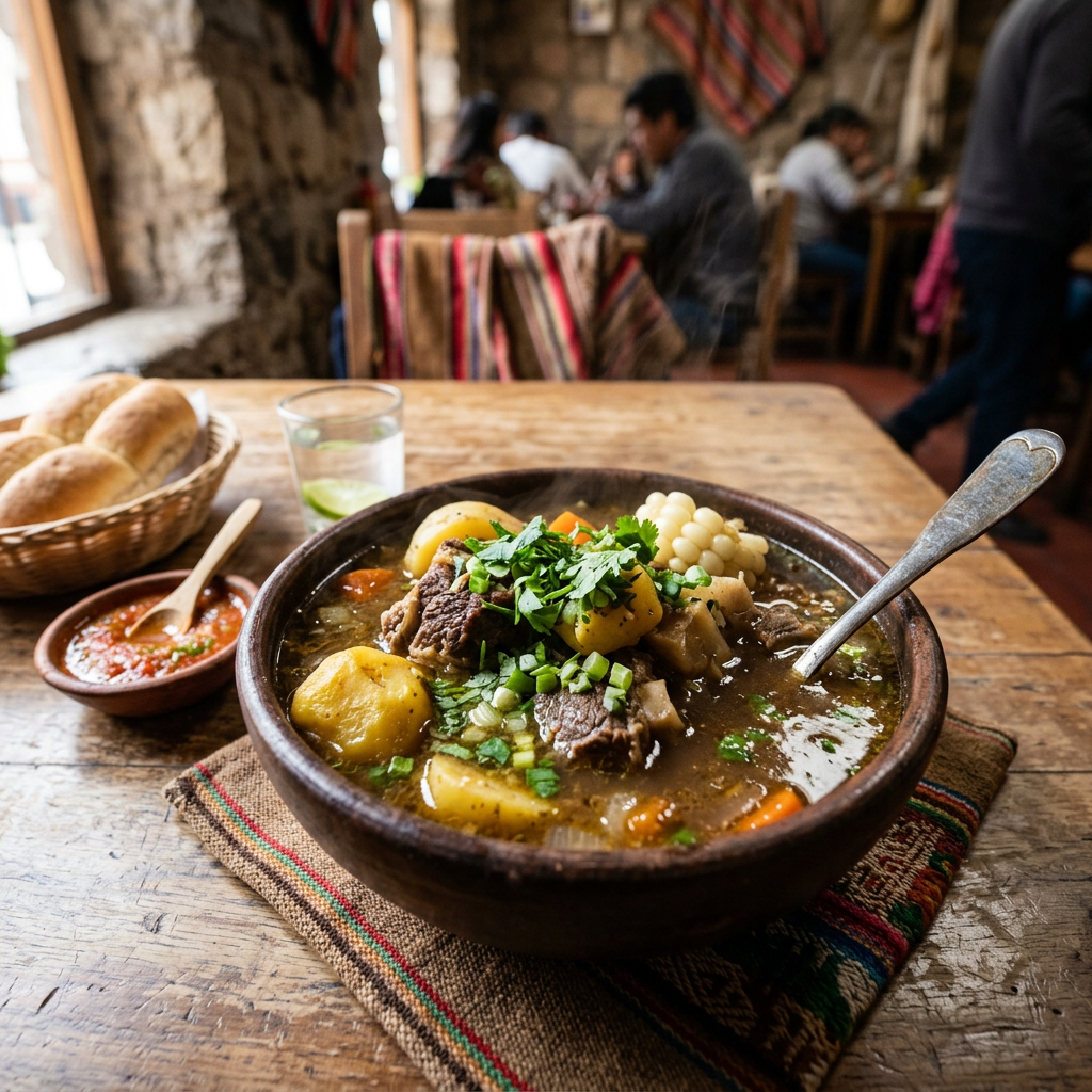 Imagen actual: Bowl of Andean beef stew with potatoes, corn, and herbs on rustic wooden table
