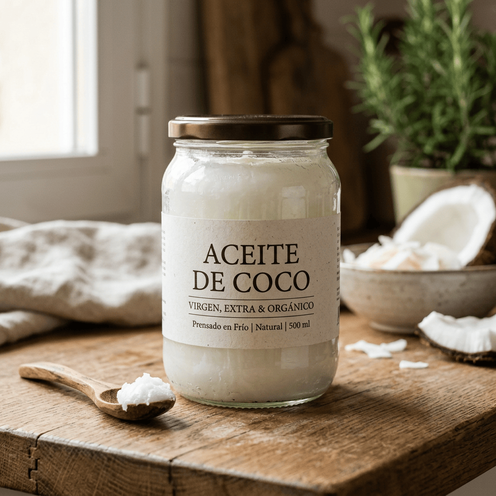 Imagen actual: Jar of virgin extra organic coconut oil with wooden spoon and coconut pieces