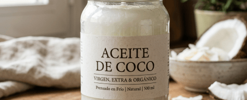 Jar of virgin extra organic coconut oil with wooden spoon and coconut pieces