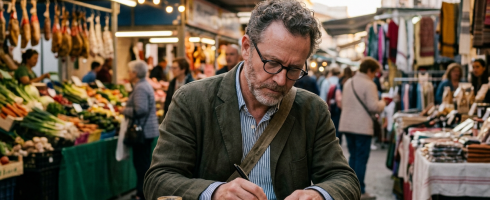 Man writing in notebook at outdoor market table with coffee and pastry