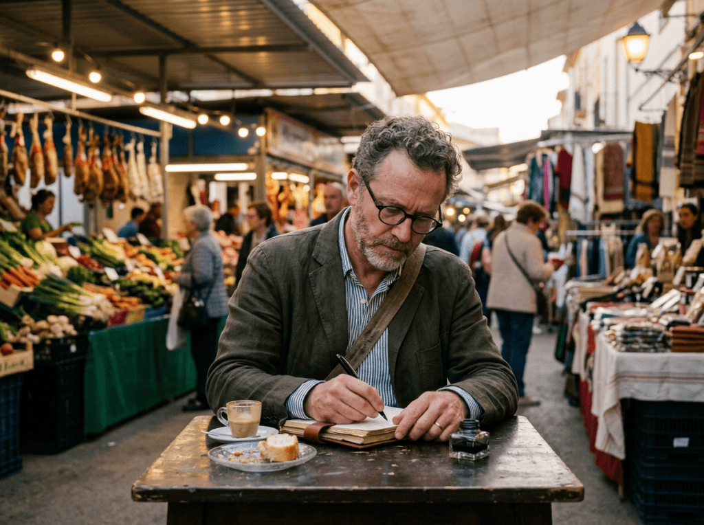 Imagen actual: Man writing in notebook at outdoor market table with coffee and pastry