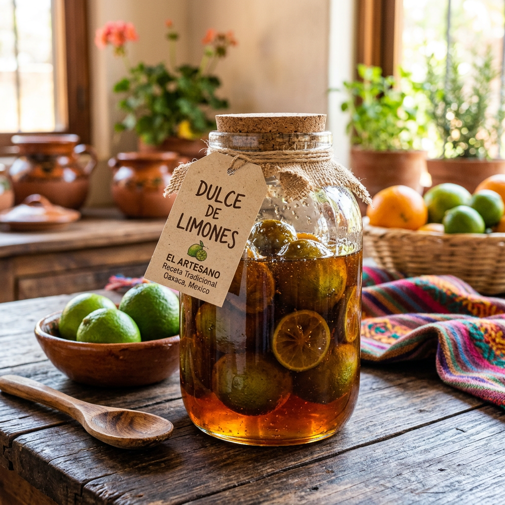 Imagen actual: Jar of dulce de limones with label on wooden table with fresh limes and colorful cloth