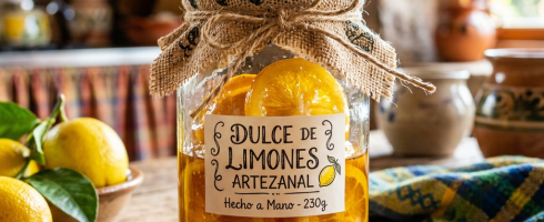 Jar labeled Dulce de Limones Artesanal with lemon slices in syrup on wooden table