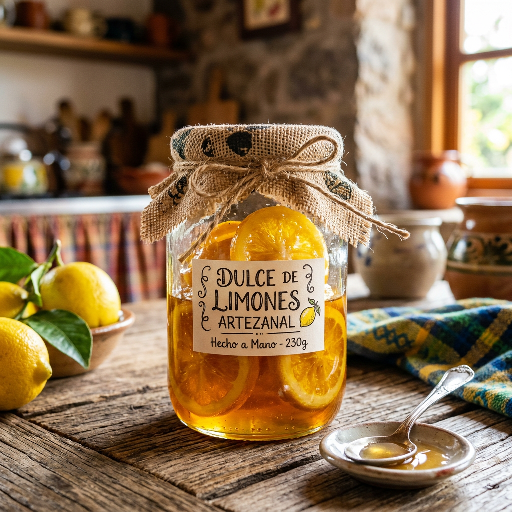Imagen actual: Jar labeled Dulce de Limones Artesanal with lemon slices in syrup on wooden table