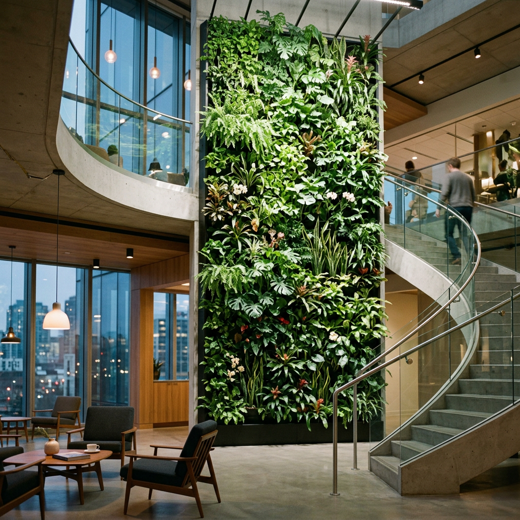 Imagen actual: Indoor vertical garden wall beside a spiral staircase in an office lobby