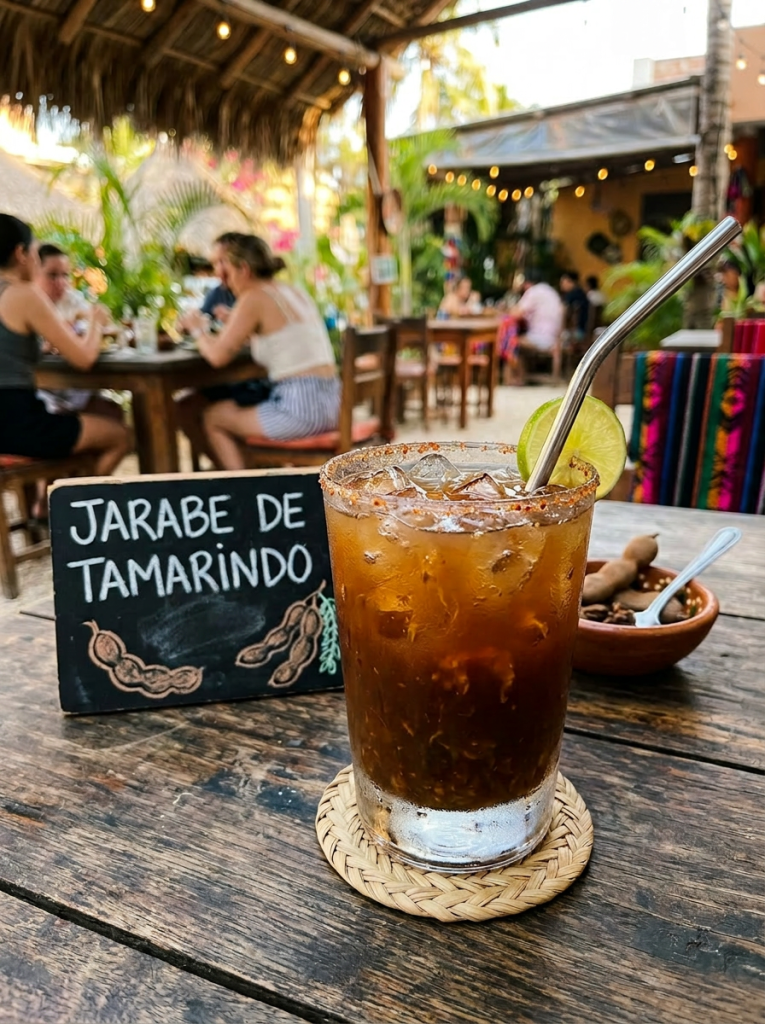 Imagen actual: Glass of tamarind syrup drink with ice, lime slice, and chili salt rim