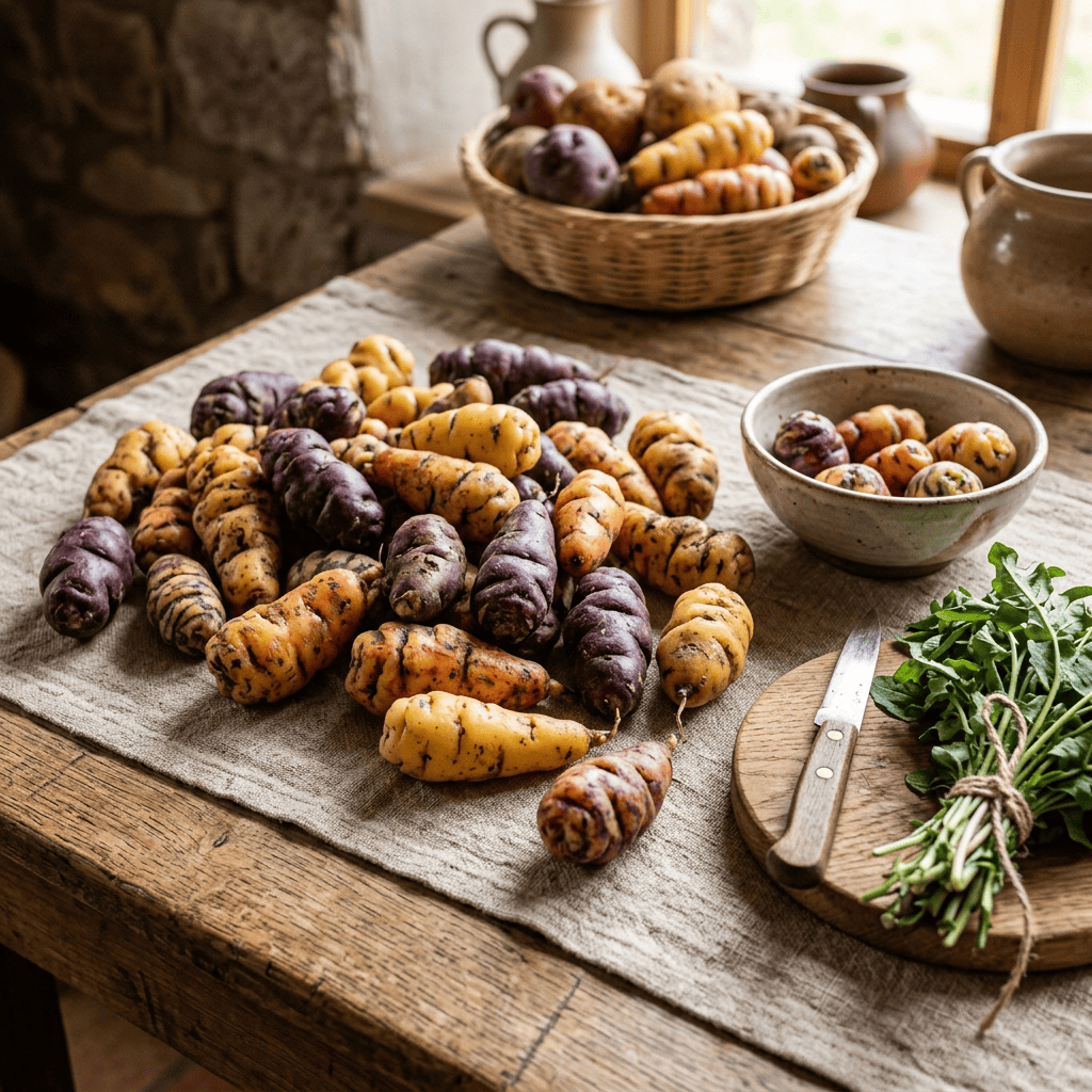 Imagen actual: Assorted colorful oca tubers laid out on a table with a basket, bowl, knife, and green herbs.