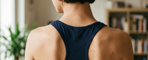 Back view of a woman wearing a navy tank top indoors