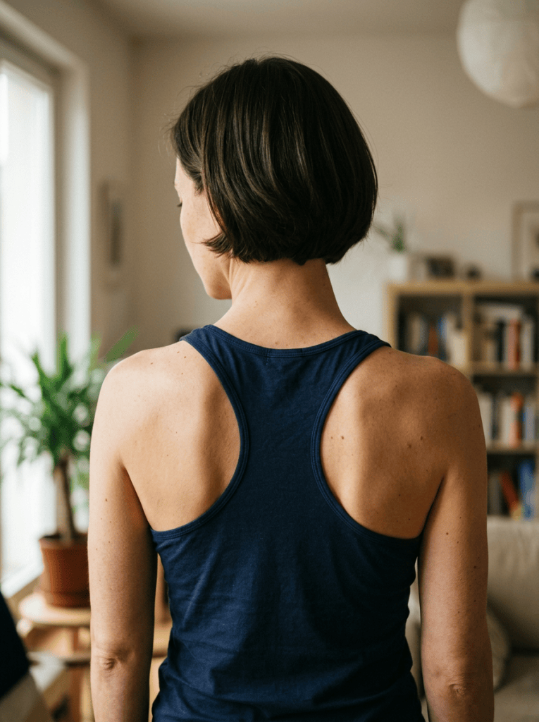 Imagen actual: Back view of a woman wearing a navy tank top indoors