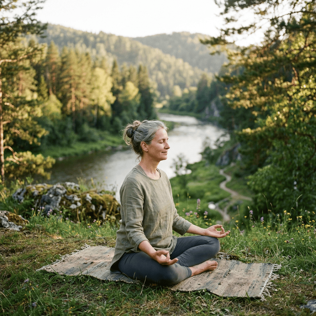 Imagen actual: Woman sitting cross-legged on a mat meditating outdoors by a river surrounded by trees and hills
