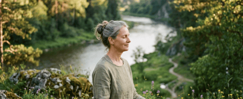 Woman sitting cross-legged on a mat meditating outdoors by a river surrounded by trees and hills