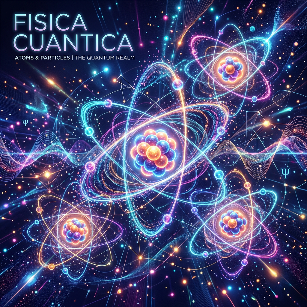 Imagen actual: Illustration of atoms with orbiting electrons and particle interactions representing quantum physics