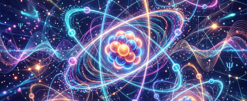 Illustration of atoms with orbiting electrons and particle interactions representing quantum physics
