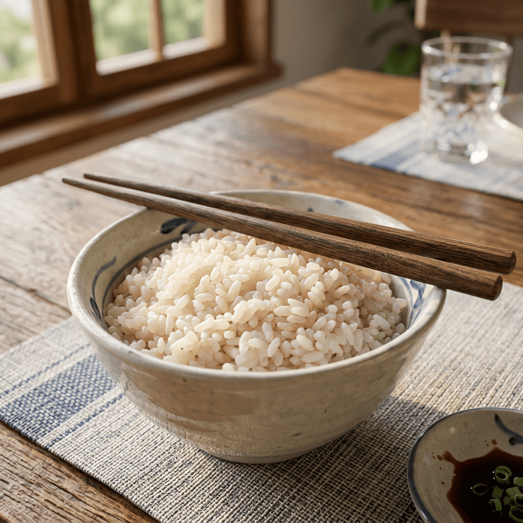 Imagen actual: Bowl of steamed white rice with wooden chopsticks resting on top