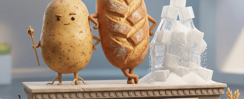 Animated potato, bread loaf, and sugar cubes with crowns standing on a pedestal labelled Papa, Pan y Azúcar Dominan