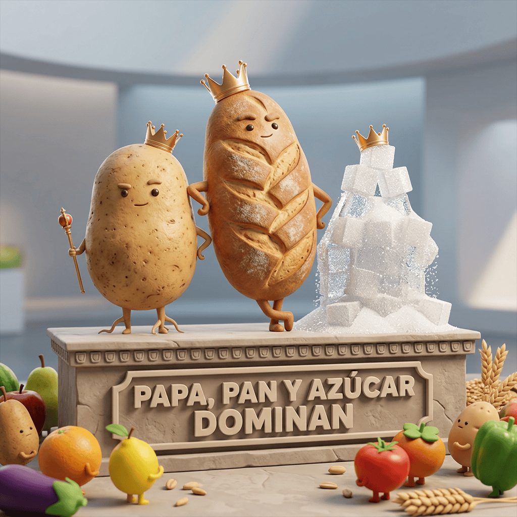Imagen actual: Animated potato, bread loaf, and sugar cubes with crowns standing on a pedestal labelled Papa, Pan y Azúcar Dominan