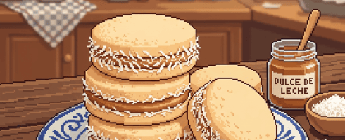 Four alfajores stacked on a plate with dulce de leche jar and coconut flakes nearby