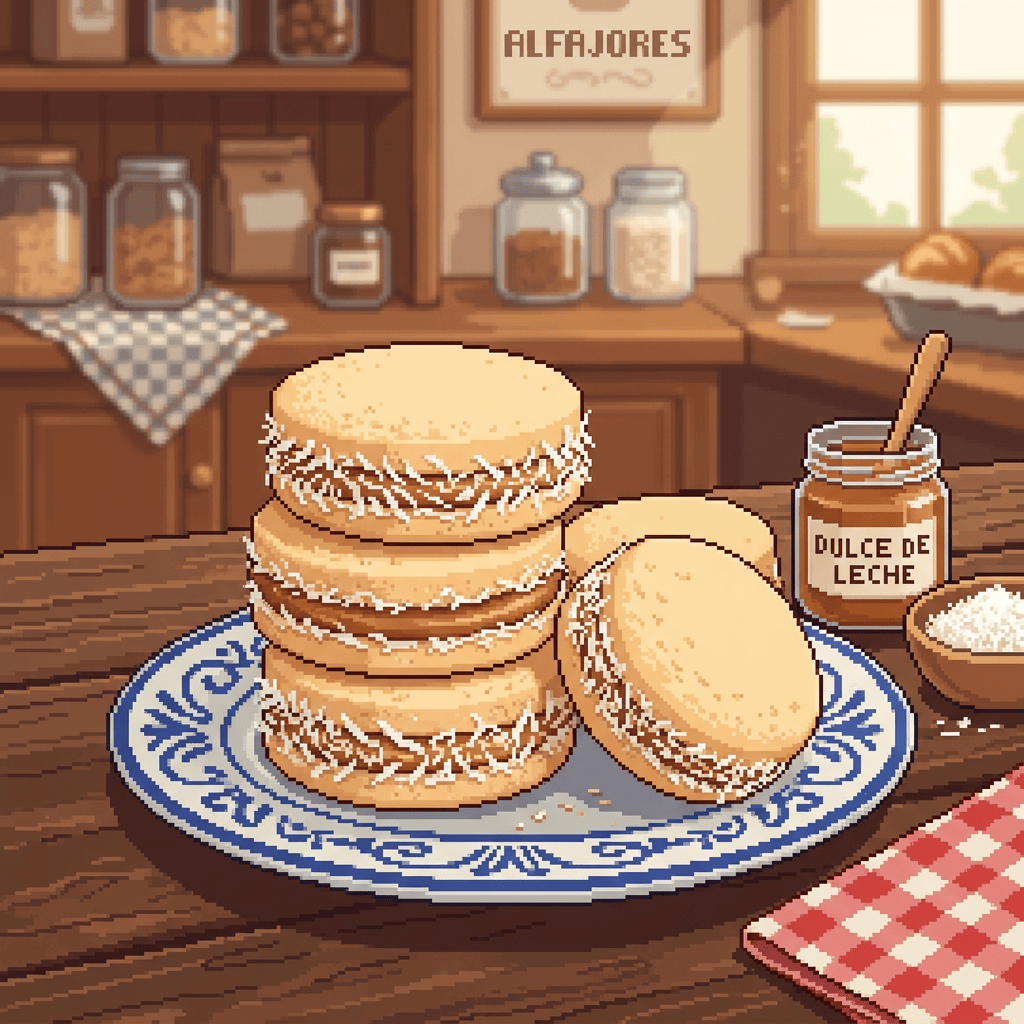 Imagen actual: Four alfajores stacked on a plate with dulce de leche jar and coconut flakes nearby