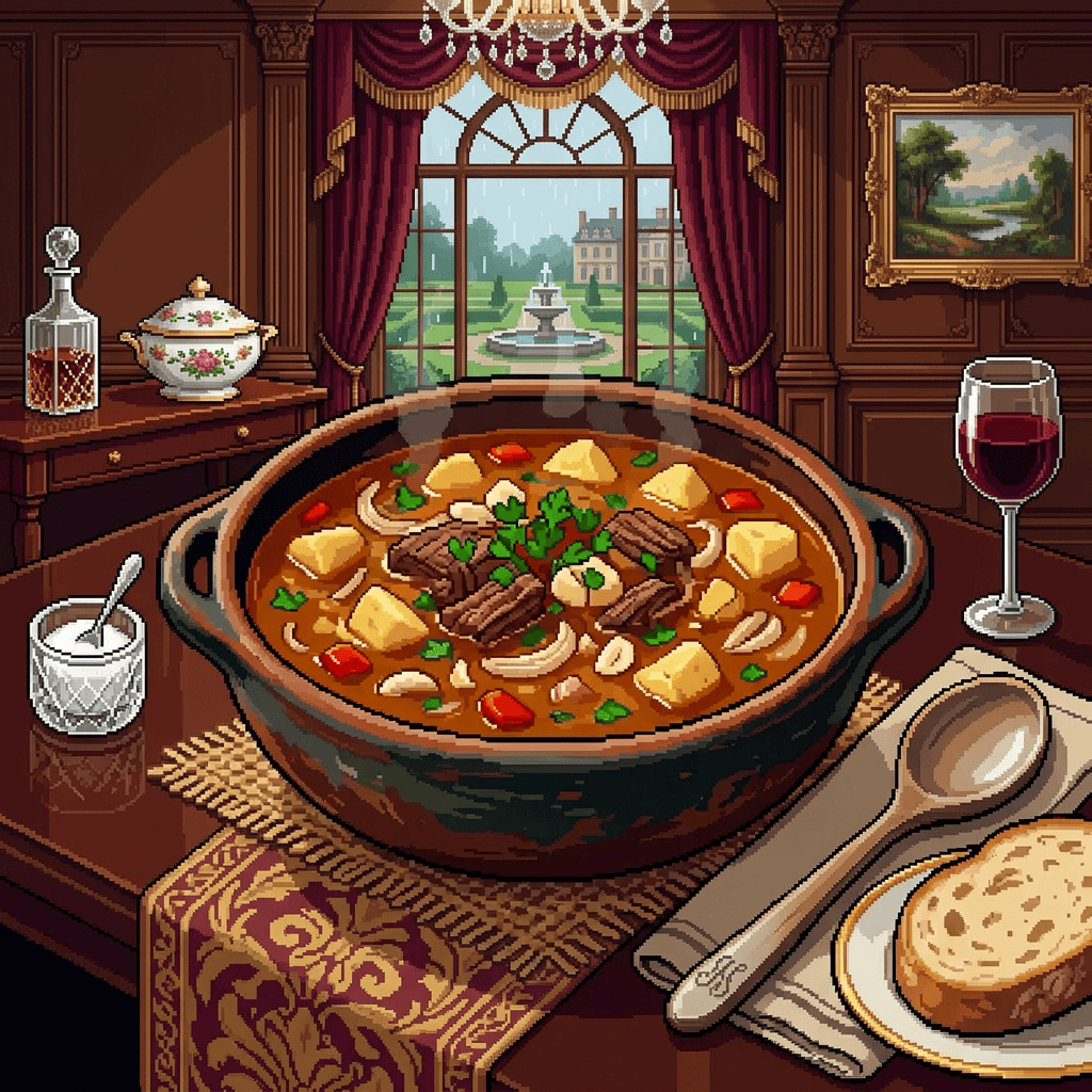 Imagen actual: Steaming pot of stew with vegetables and meat on a wooden table in a rustic cabin interior