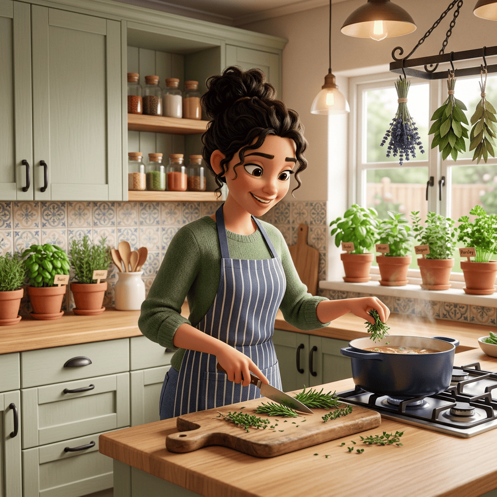 Imagen actual: Woman chopping fresh herbs and adding them to a pot on the stove in a bright kitchen