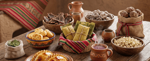 Table with traditional Andean foods like tamales, empanadas, dried meat, potatoes, grains, and a traditional drink in clay cups.