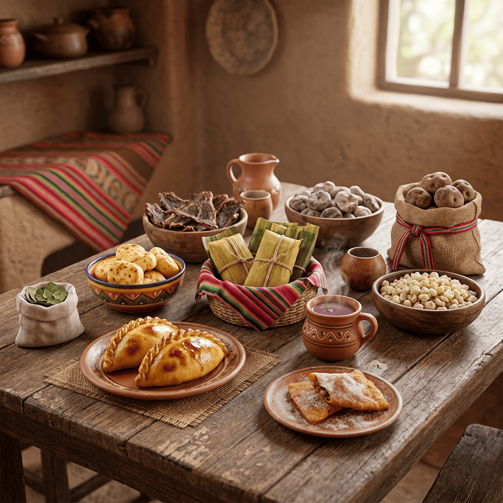 Imagen actual: Table with traditional Andean foods like tamales, empanadas, dried meat, potatoes, grains, and a traditional drink in clay cups.