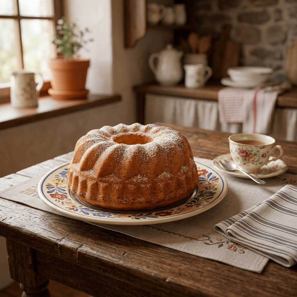 Imagen actual: Bundt cake dusted with powdered sugar on a floral plate next to a cup of tea in a rustic kitchen