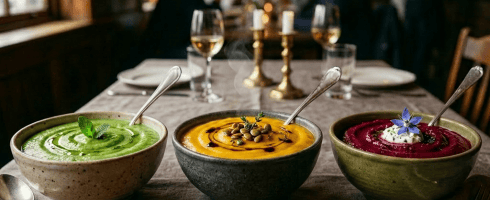Three bowls of garnished mashed potatoes on a wooden table in a cozy restaurant