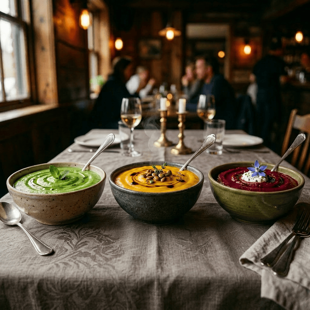 Imagen actual: Three bowls of garnished mashed potatoes on a wooden table in a cozy restaurant