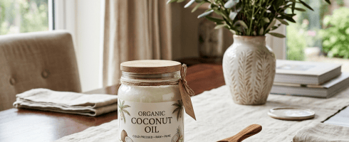 Jar of organic coconut oil with wooden lid on tablecloth, small bowl with wooden spoon, vase of flowers, and folded napkins on wooden dining table