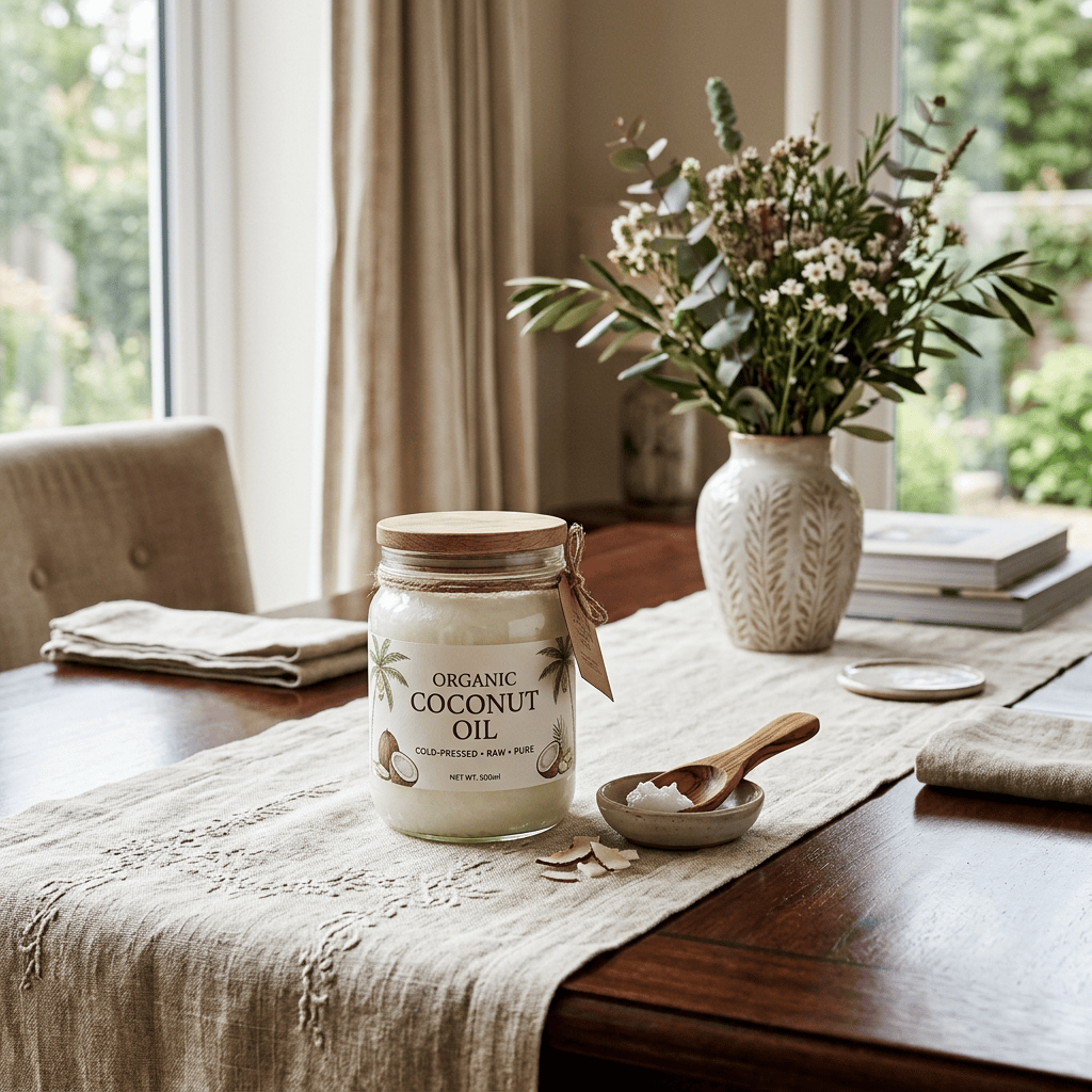 Imagen actual: Jar of organic coconut oil with wooden lid on tablecloth, small bowl with wooden spoon, vase of flowers, and folded napkins on wooden dining table