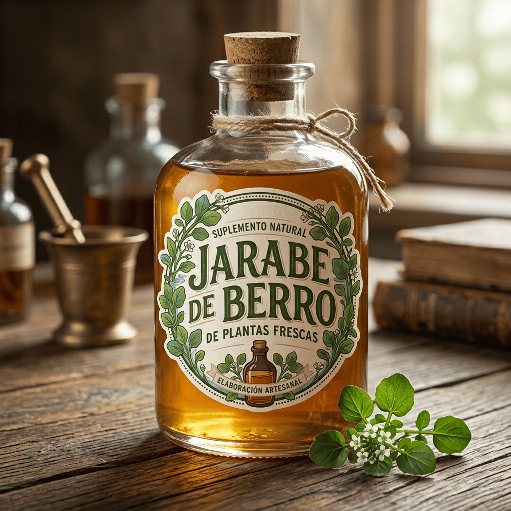 Imagen actual: Label for natural watercress syrup made from fresh plants with artisanal production
