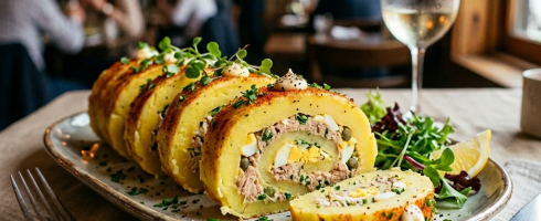 Stuffed potato roll slices with tuna, boiled egg, and herbs served on a plate with salad and a lemon wedge