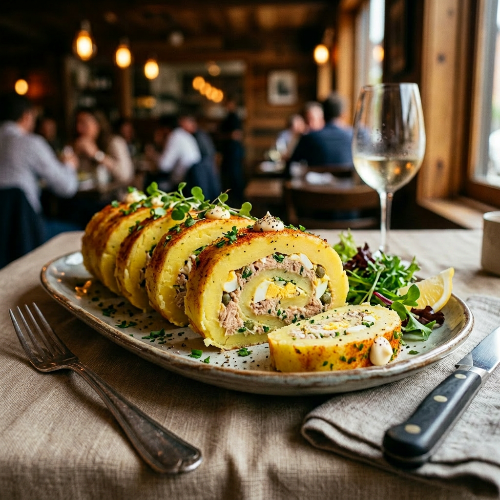 Imagen actual: Stuffed potato roll slices with tuna, boiled egg, and herbs served on a plate with salad and a lemon wedge