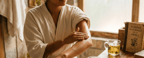 Woman applying virgin coconut oil on arm in natural skincare routine