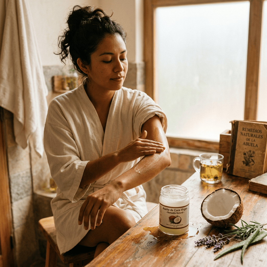 Imagen actual: Woman applying virgin coconut oil on arm in natural skincare routine